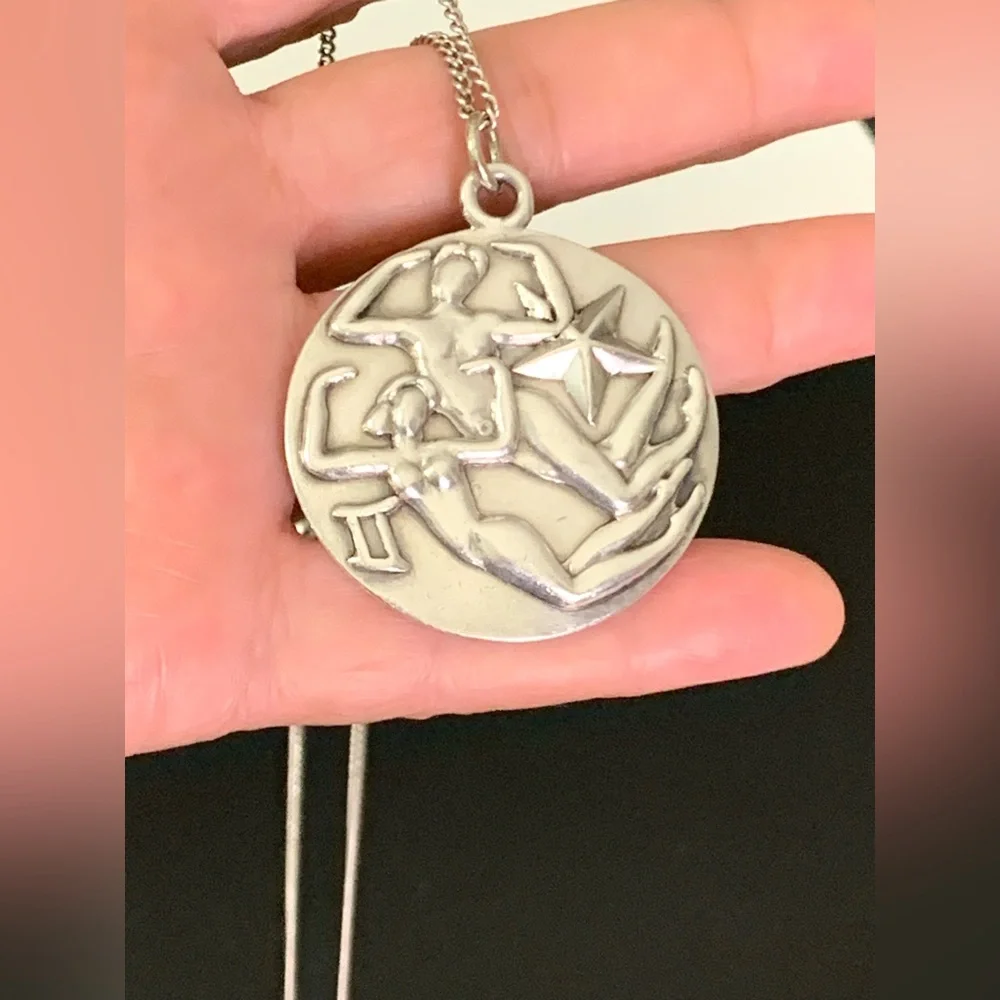 Vintage 1950s Margot De Taxco Zodiac Sterling Silver Gemini Pendant Necklace 24” - Picture 5 of 15
